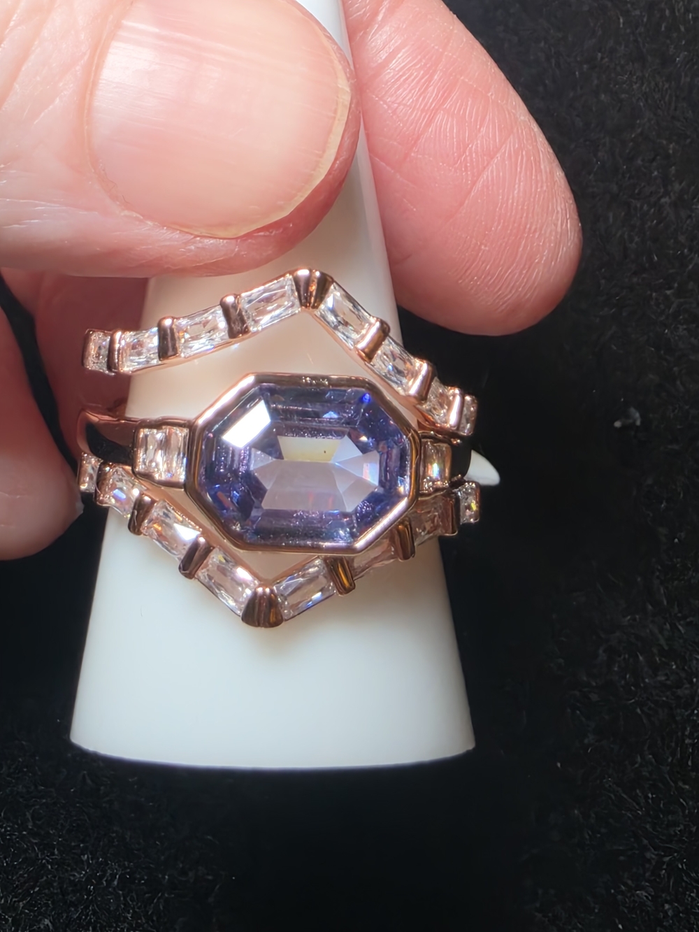 Rose Gold Ring with Purple Octagon Crystal and Clear Accent Stones